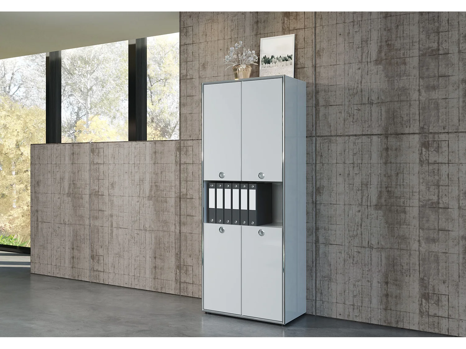 Infinity Büroschrank 4 Türen, 1 offenes Fach hellgrau Hochglanz, Chrom.