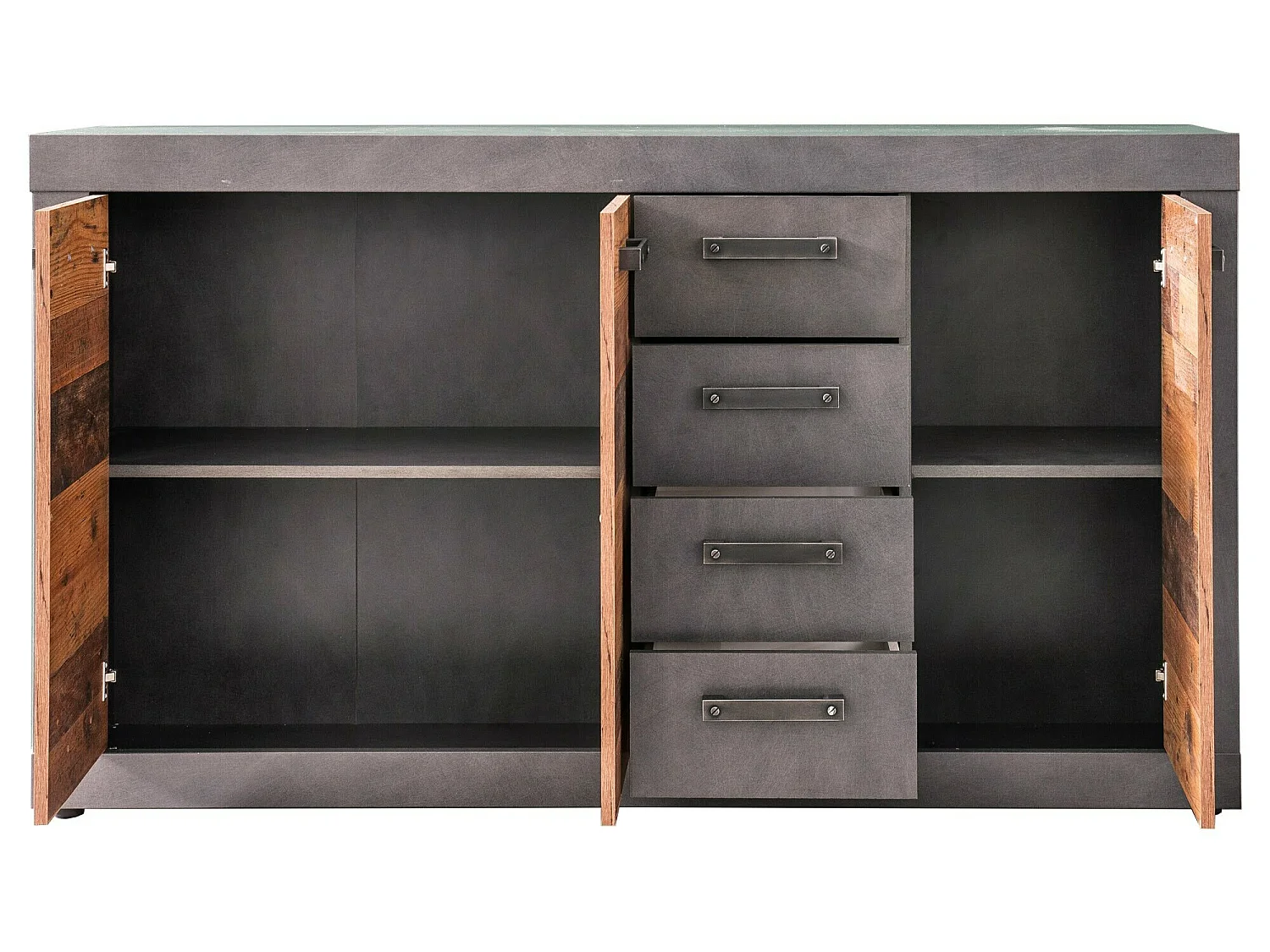 Meuble chambre. Commode avec 4 tiroirs en mélaminé coloris gris ciment portes bois effet vieilli. L - H - P : 151 - 86 - 37 cm.