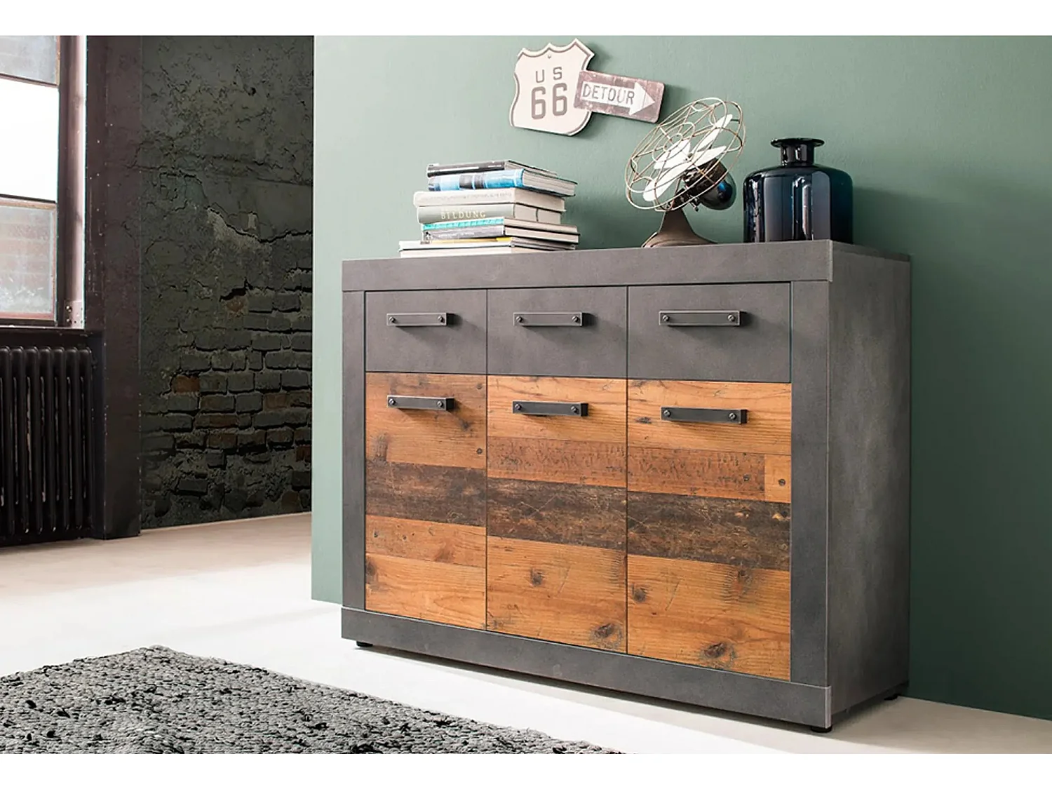 Commode 3 portes 3 tiroirs mélaminé chêne foncé et gris Orcel