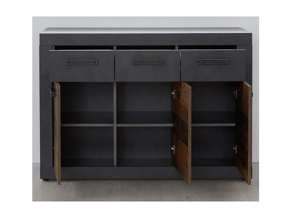 Commode 3 portes 3 tiroirs mélaminé chêne foncé et gris Orcel