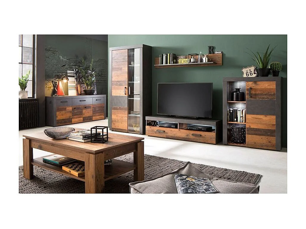 Commode 3 portes 3 tiroirs mélaminé chêne foncé et gris Orcel