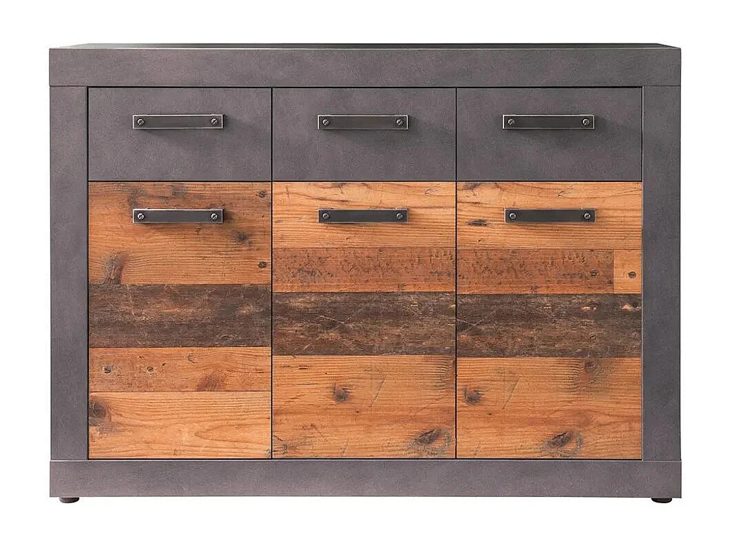 Commode 3 portes 3 tiroirs mélaminé chêne foncé et gris Orcel