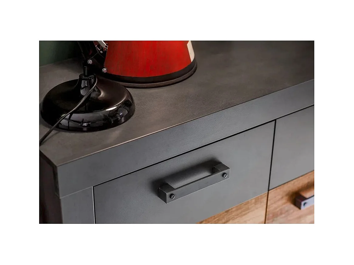 Commode 3 portes 3 tiroirs mélaminé chêne foncé et gris Orcel