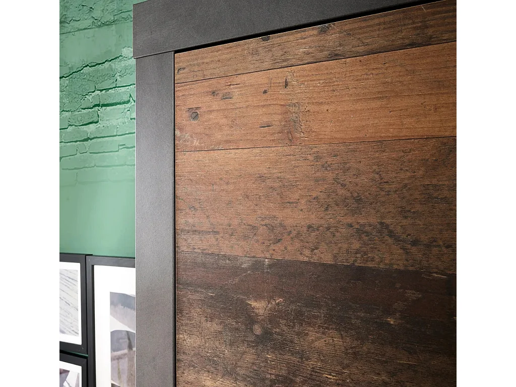 Commode 3 portes 3 tiroirs mélaminé chêne foncé et gris Orcel