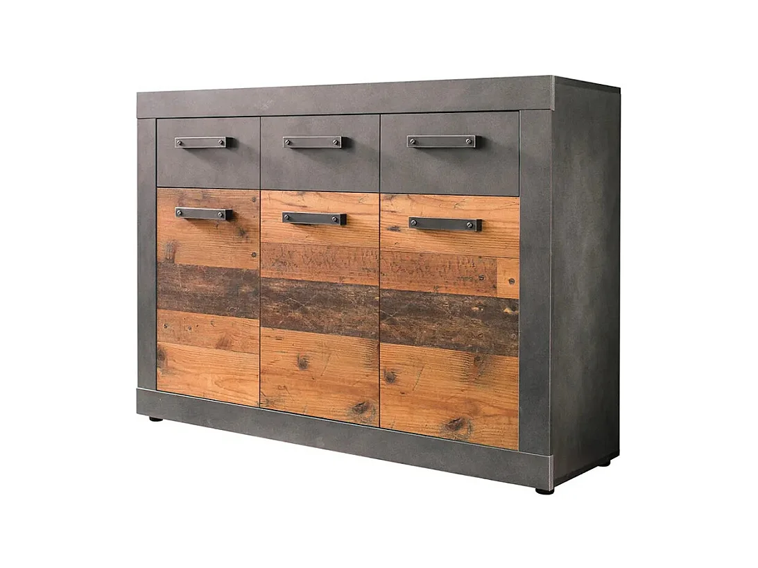 Commode 3 portes 3 tiroirs mélaminé chêne foncé et gris Orcel