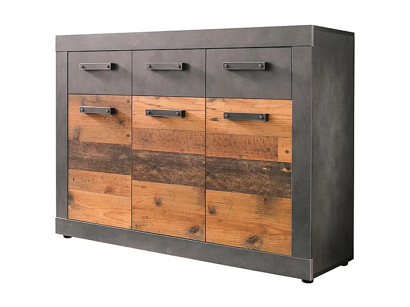 Commode 3 portes 3 tiroirs mélaminé chêne foncé et gris Orcel