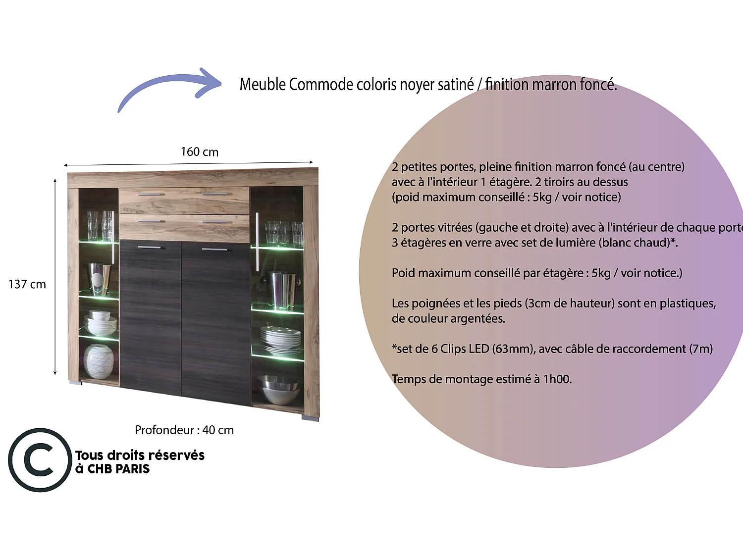 BOOM - Meuble salon/séjour mélaminé. Meuble Commode. L - H - P : 160 - 137 - 40 cm