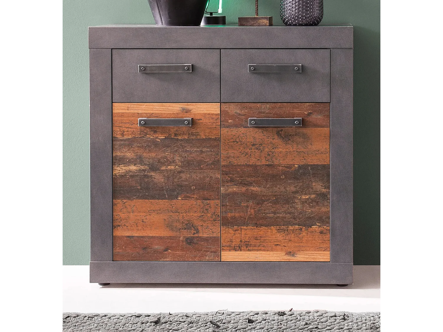 Cómoda 2 puertas, 2 cajones, acabado roble oscuro y melamina gris Orcel