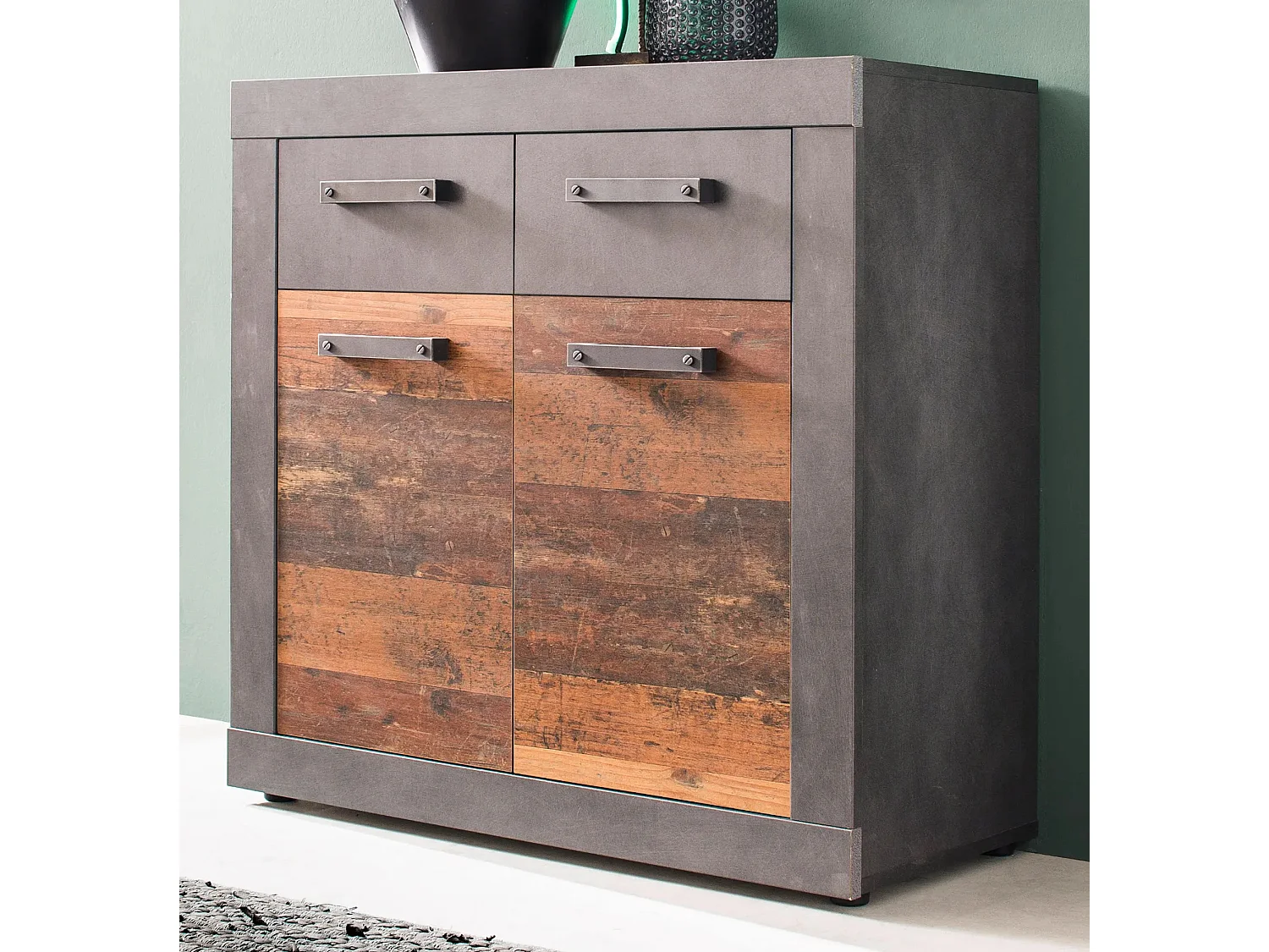 Cómoda 2 puertas, 2 cajones, acabado roble oscuro y melamina gris Orcel