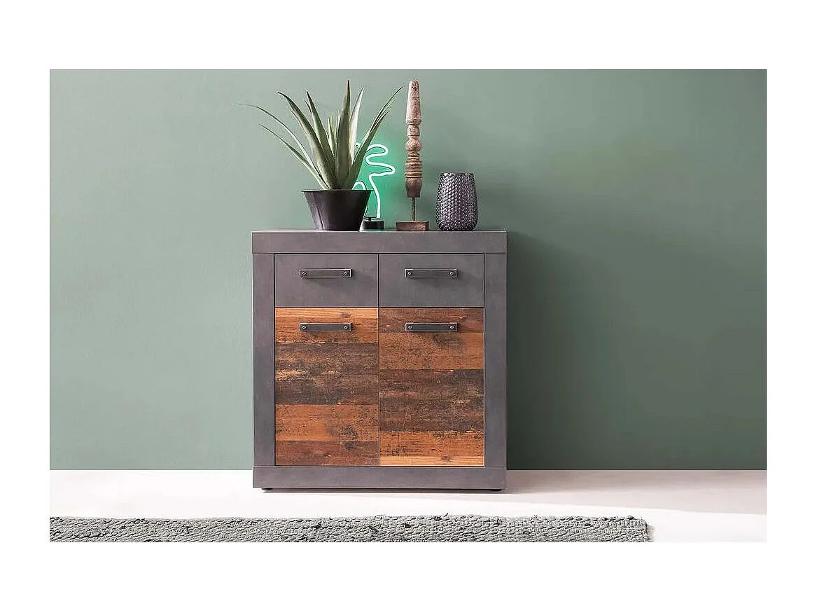 Cómoda 2 puertas, 2 cajones, acabado roble oscuro y melamina gris Orcel