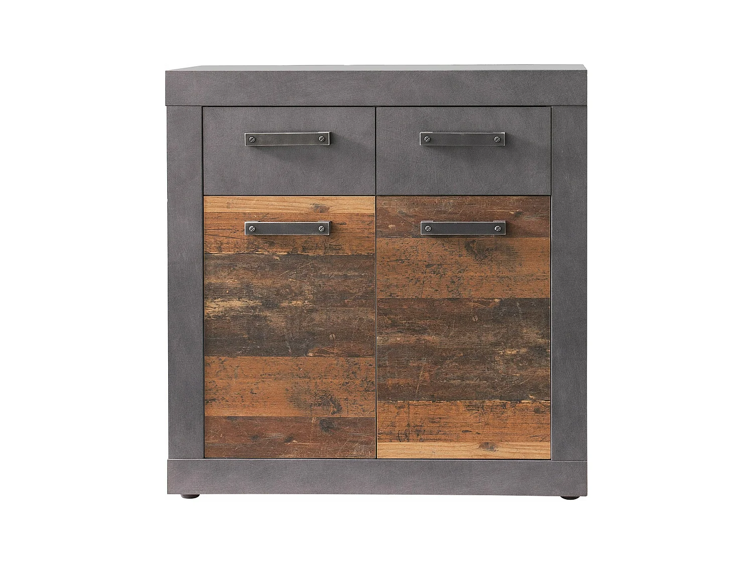 Commode 2 portes 2 tiroirs mélaminé chêne foncé et gris Orcel
