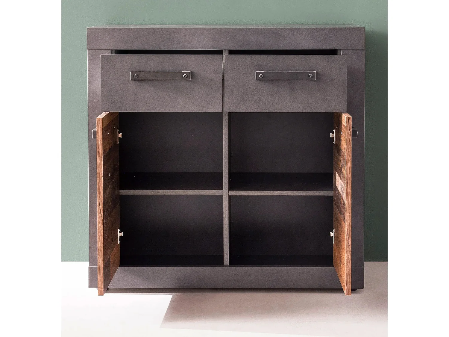 Commode 2 portes 2 tiroirs mélaminé chêne foncé et gris Orcel