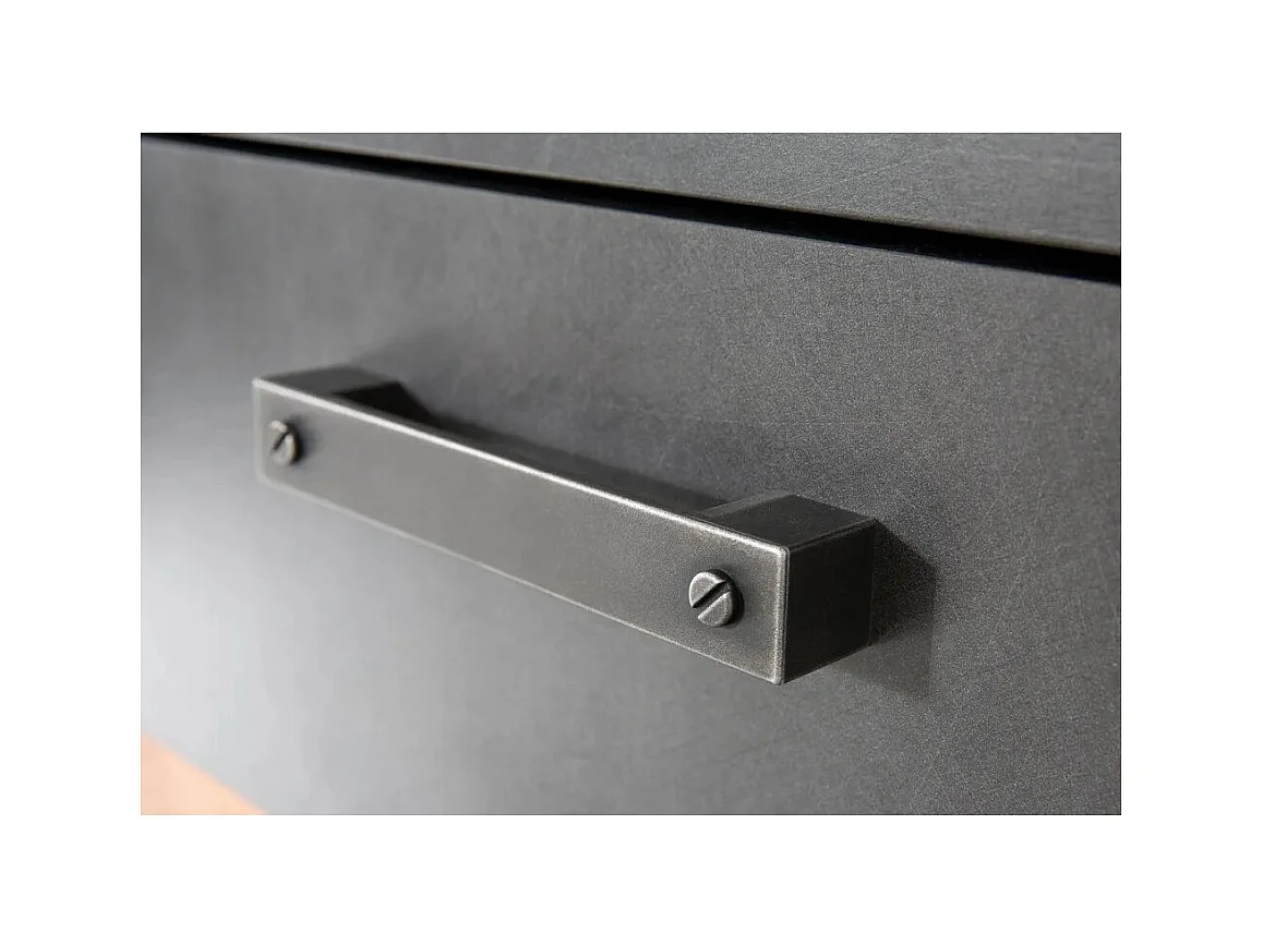 Commode 2 portes 2 tiroirs mélaminé chêne foncé et gris Orcel