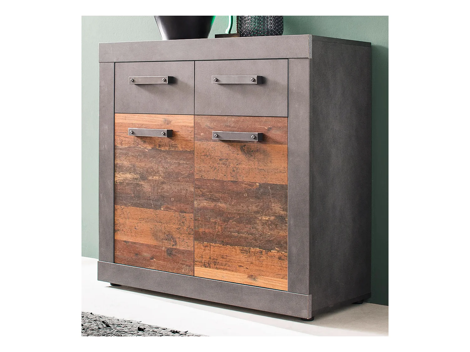 Commode 2 portes 2 tiroirs mélaminé chêne foncé et gris Orcel