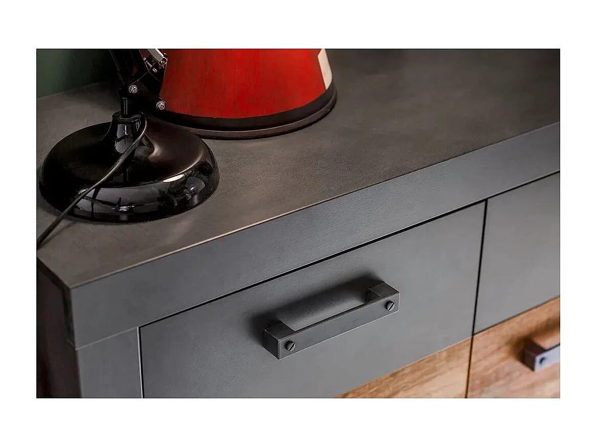 Commode 2 portes 2 tiroirs mélaminé chêne foncé et gris Orcel