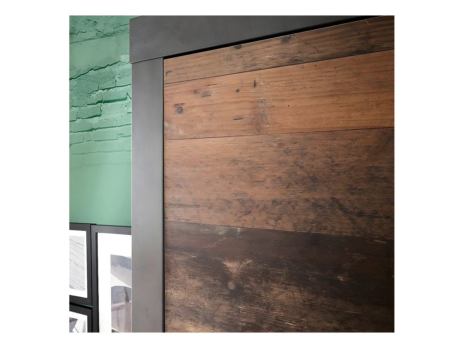 Commode 2 portes 2 tiroirs mélaminé chêne foncé et gris Orcel