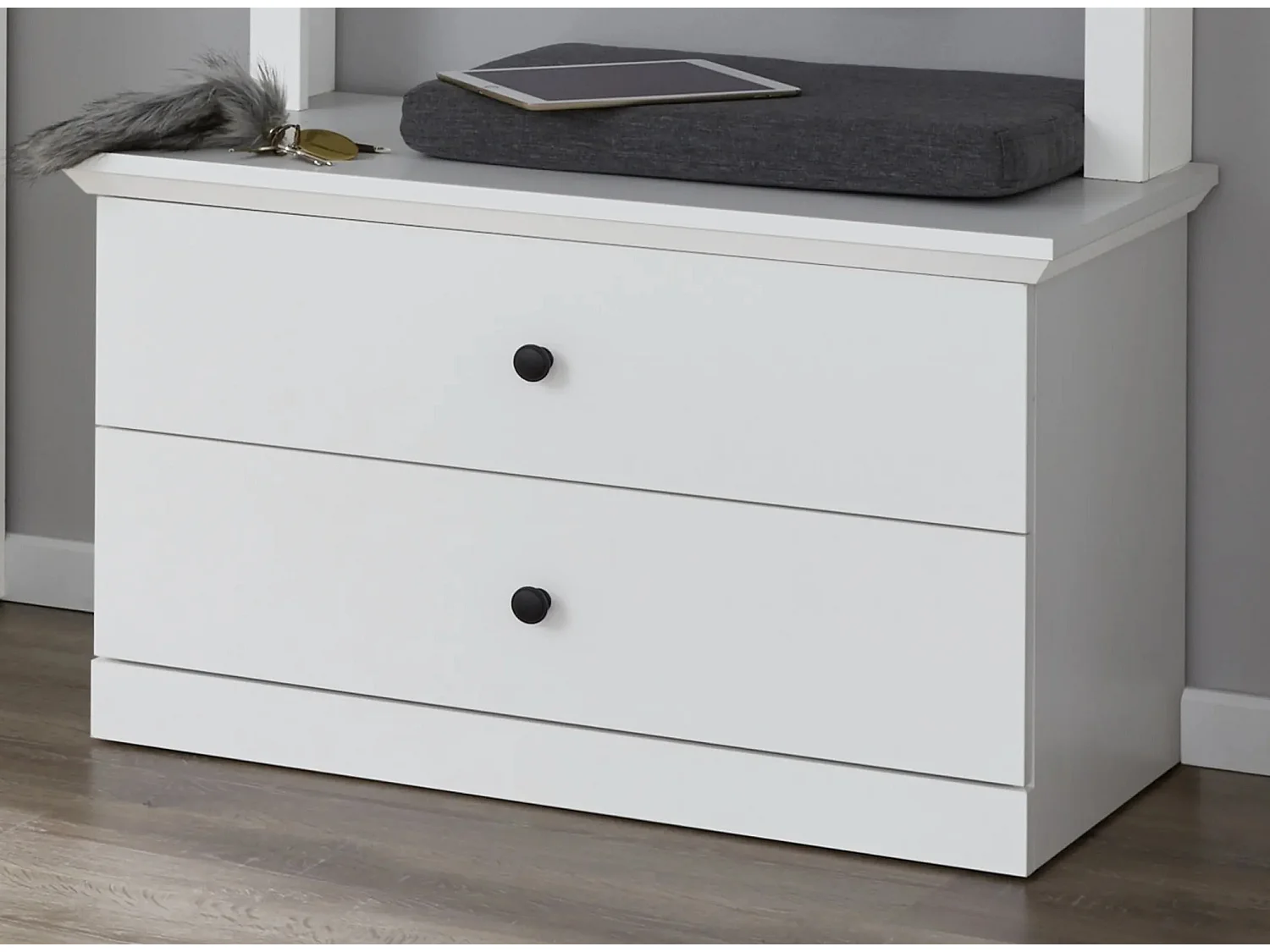 Meuble à chaussures 2 tiroirs blanc style campagnard moderne Valex 81cm