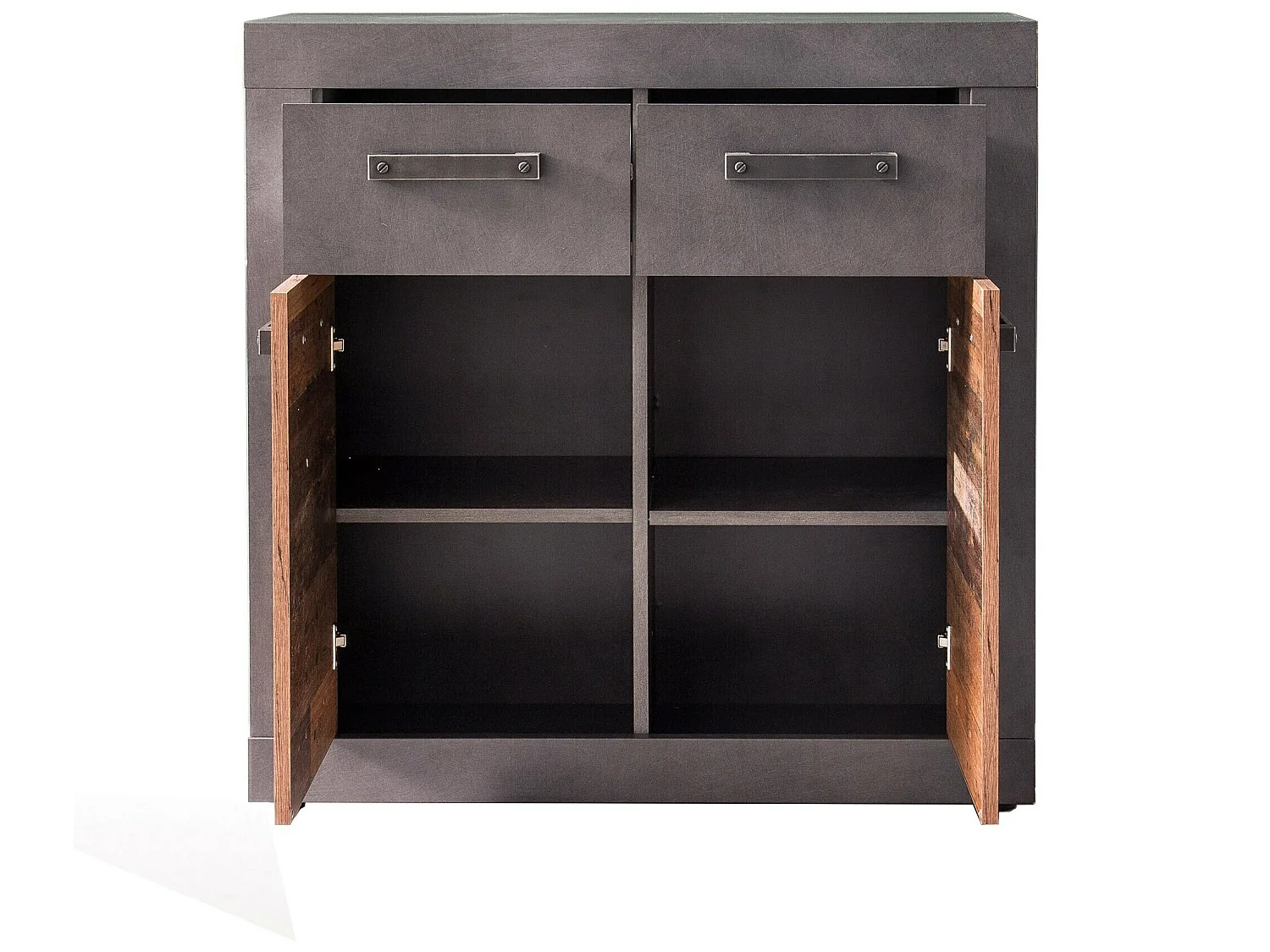 Meuble chambre. Commode avec 2 tiroirs en mélaminé coloris gris ciment portes bois effet vieilli . L - H - P : 82 - 86 - 37cm.