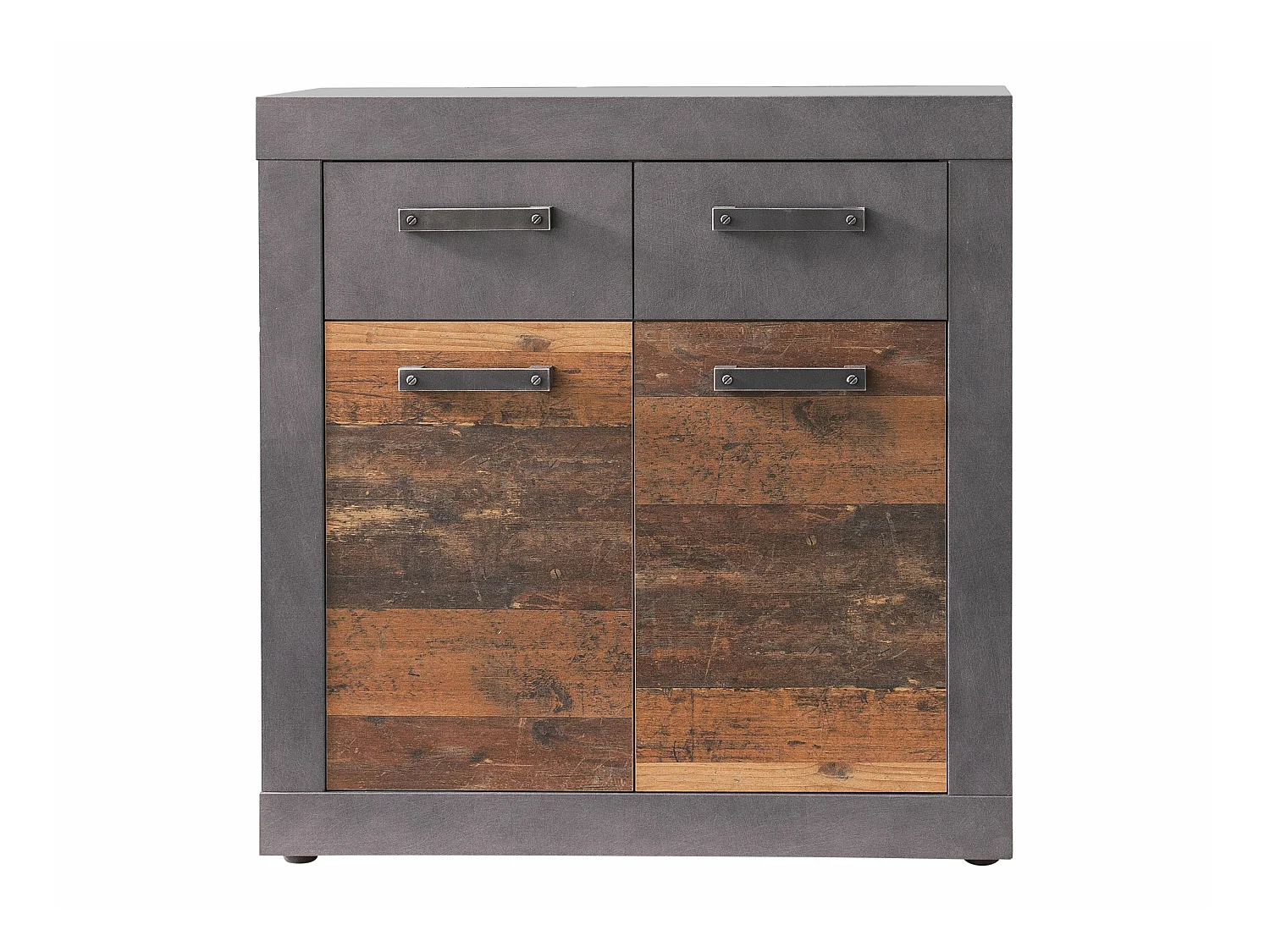 Meuble chambre. Commode avec 2 tiroirs en mélaminé coloris gris ciment portes bois effet vieilli . L - H - P : 82 - 86 - 37cm.