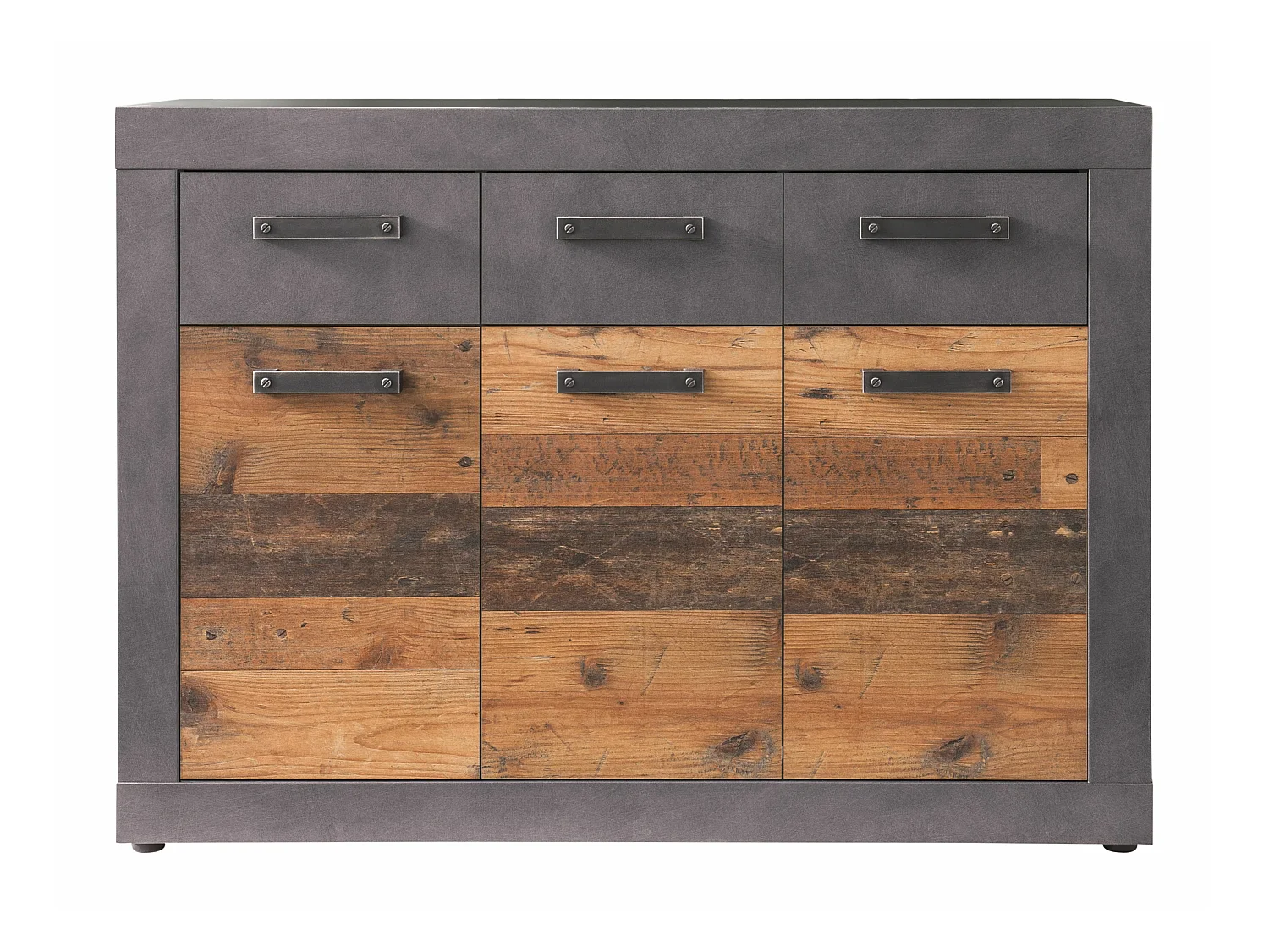 Meuble chambre. Commode avec 3 tiroirs en mélaminé coloris gris ciment portes bois effet vieilli. L - H - P : 117 - 86 - 37 cm.