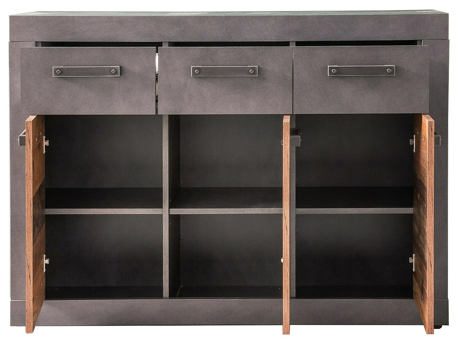 Meuble chambre. Commode avec 3 tiroirs en mélaminé coloris gris ciment portes bois effet vieilli. L - H - P : 117 - 86 - 37 cm.