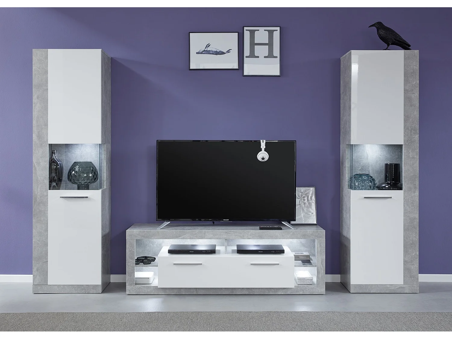 Meuble TV lumineux blanc brillant et gris Roska 150cm