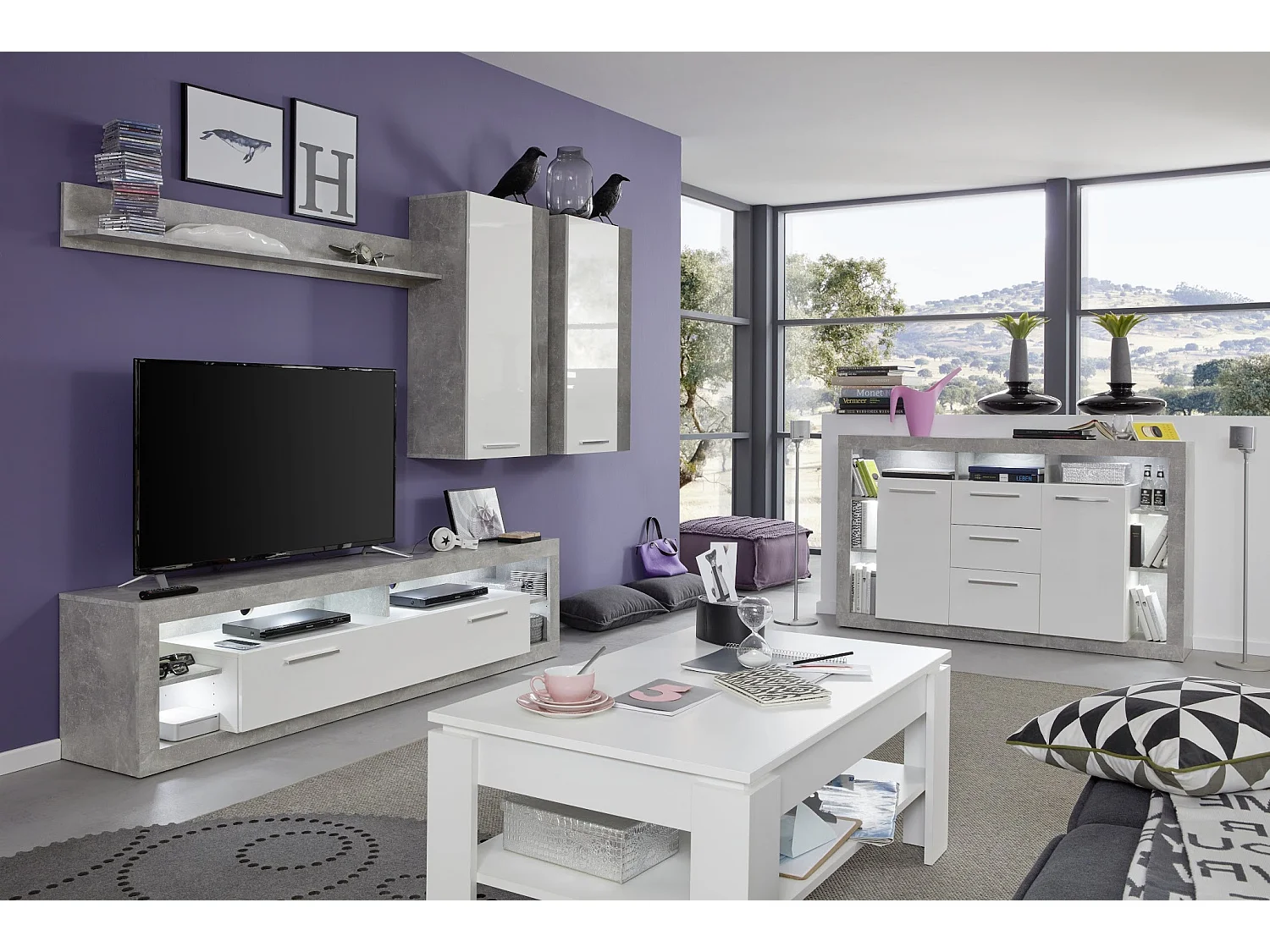 Meuble TV lumineux blanc brillant et gris Roska 150cm