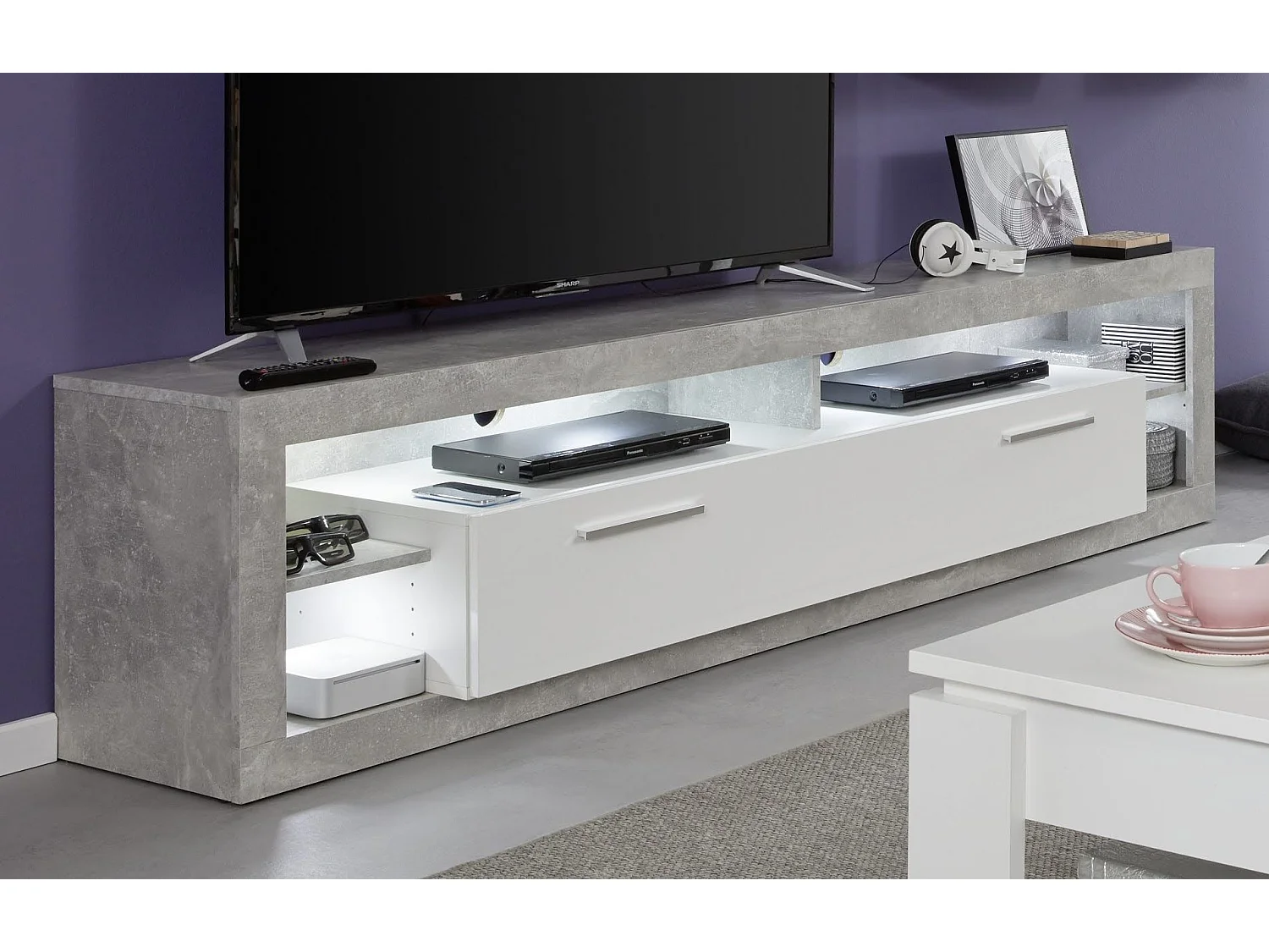 Meuble TV lumineux blanc brillant et gris Roska 150cm