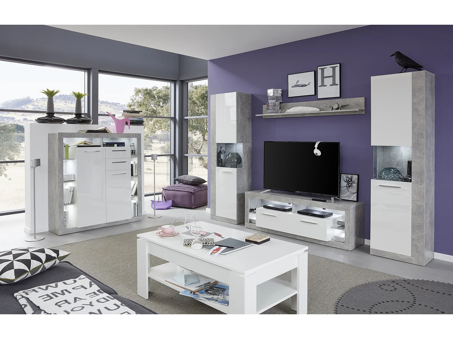 Meuble TV lumineux blanc brillant et gris Roska 150cm