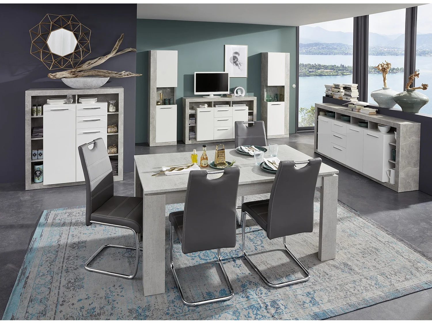 Meuble TV lumineux blanc brillant et gris Roska 150cm