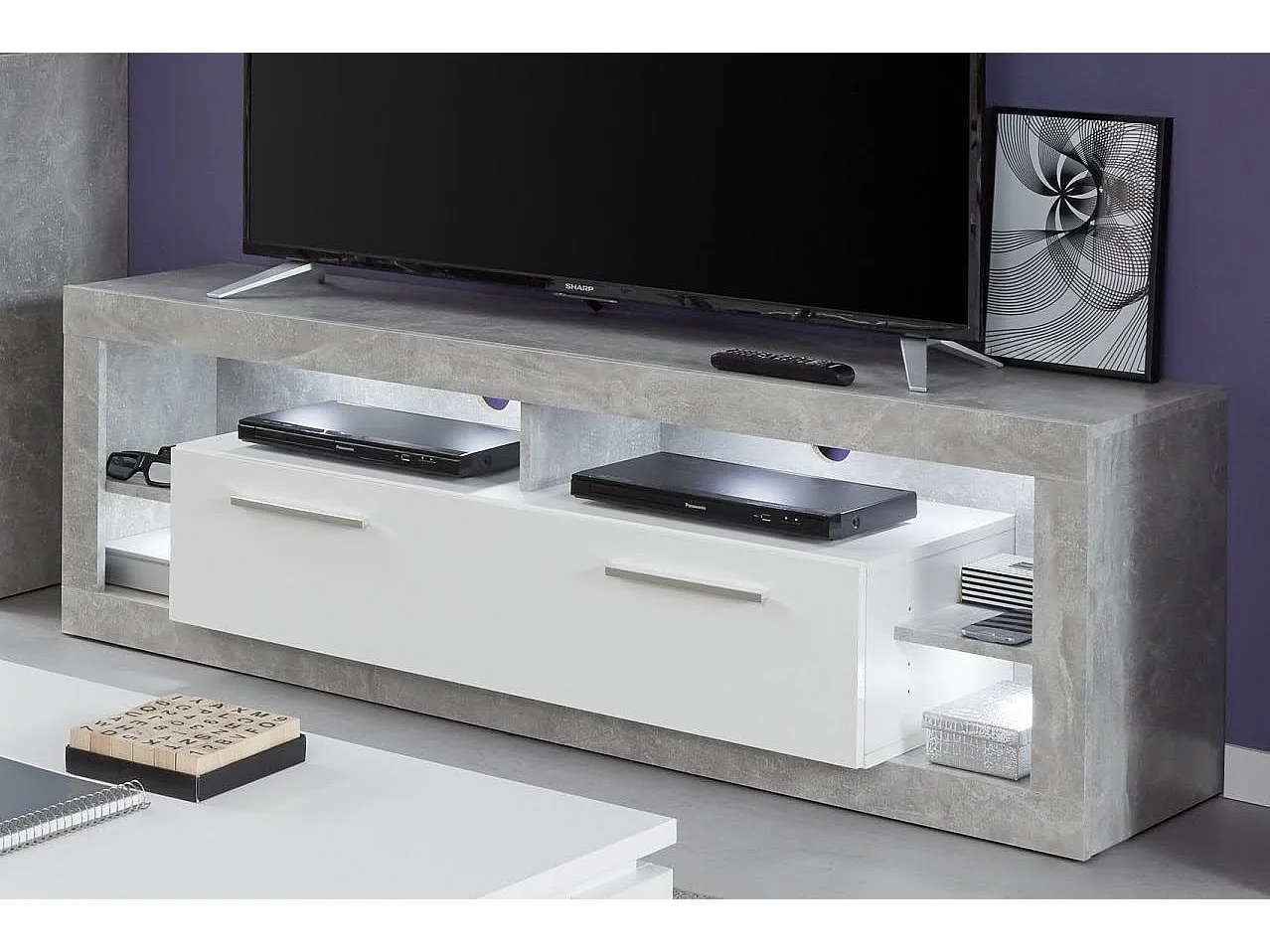 Meuble TV lumineux blanc brillant et gris Roska 150cm