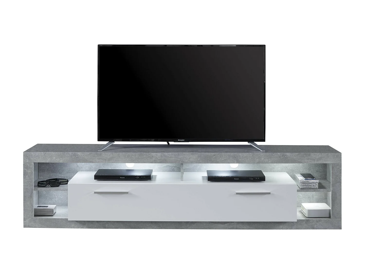Banc TV lumineux blanc brillant et gris Roska 200cm