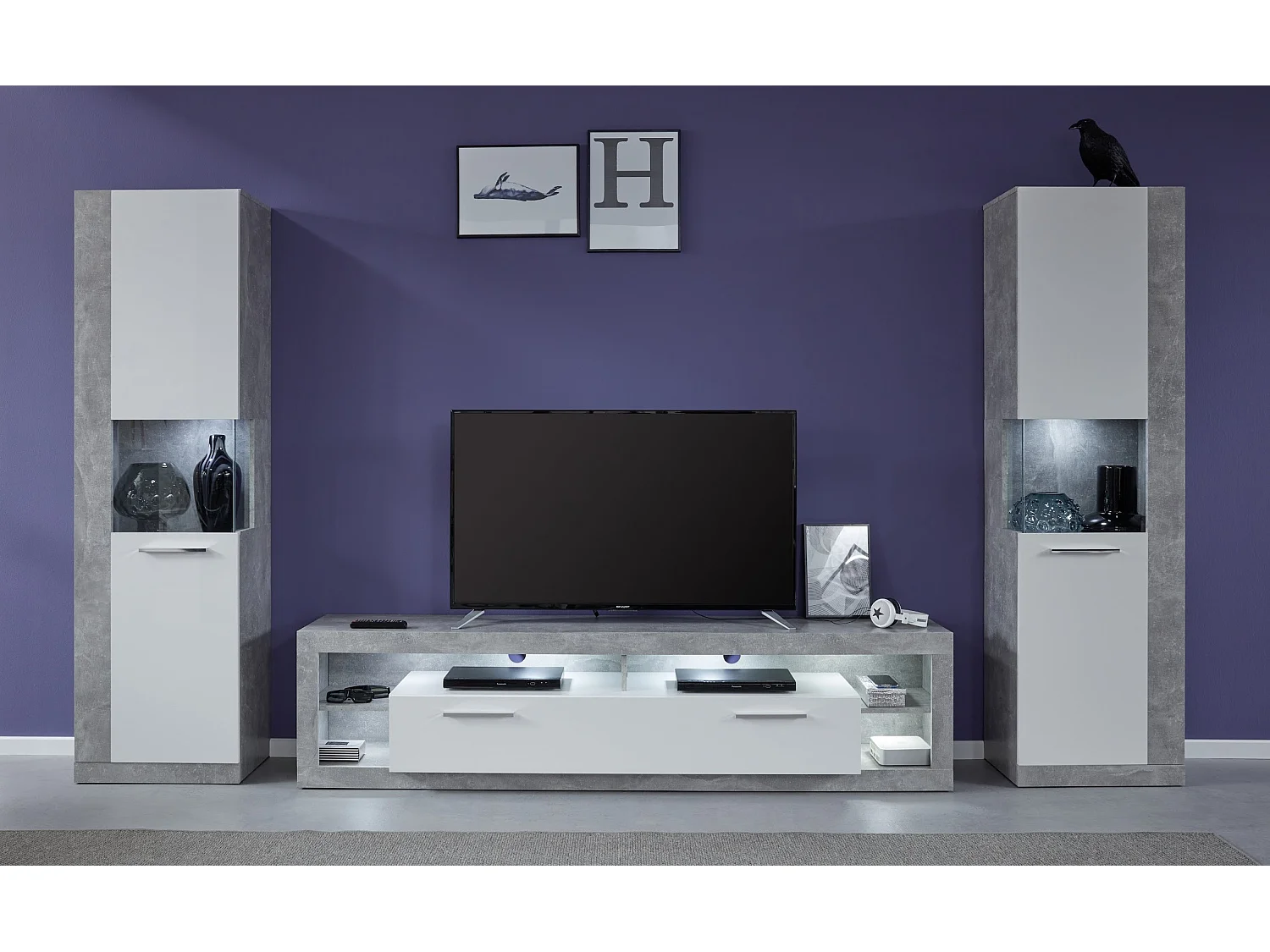 Banc TV lumineux blanc brillant et gris Roska 200cm