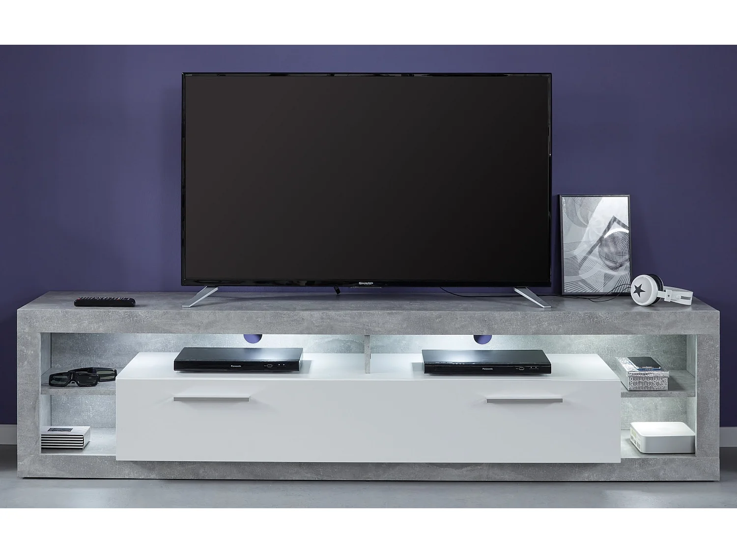 Banc TV lumineux blanc brillant et gris Roska 200cm