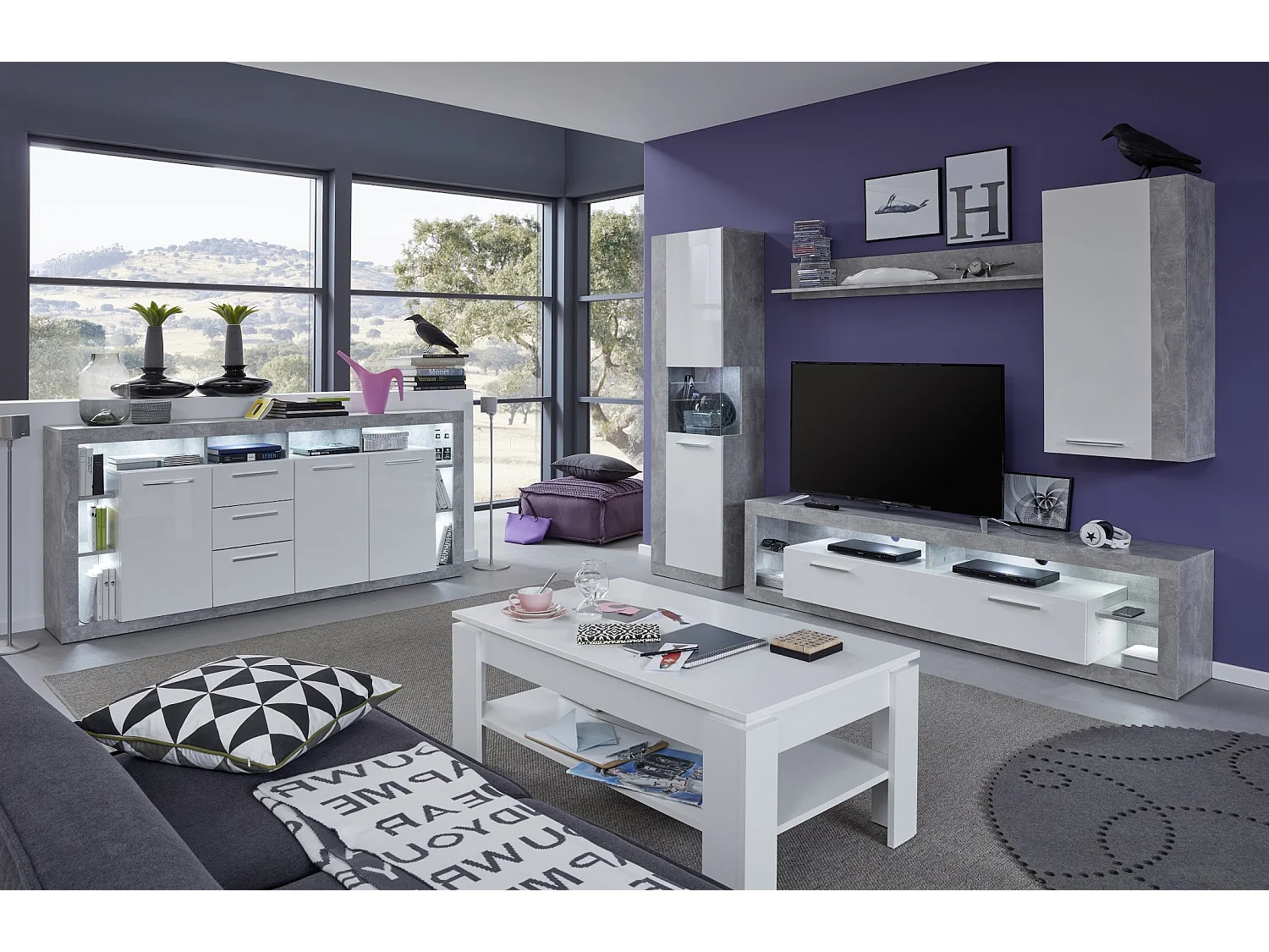 Banc TV lumineux blanc brillant et gris Roska 200cm