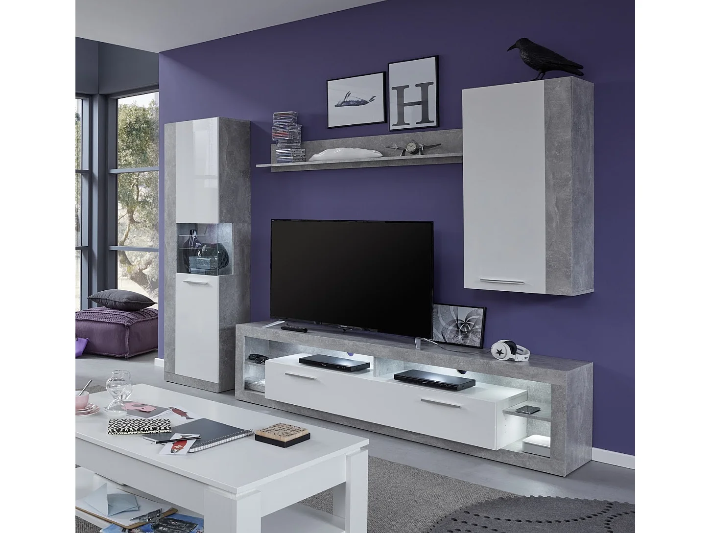 Banc TV lumineux blanc brillant et gris Roska 200cm