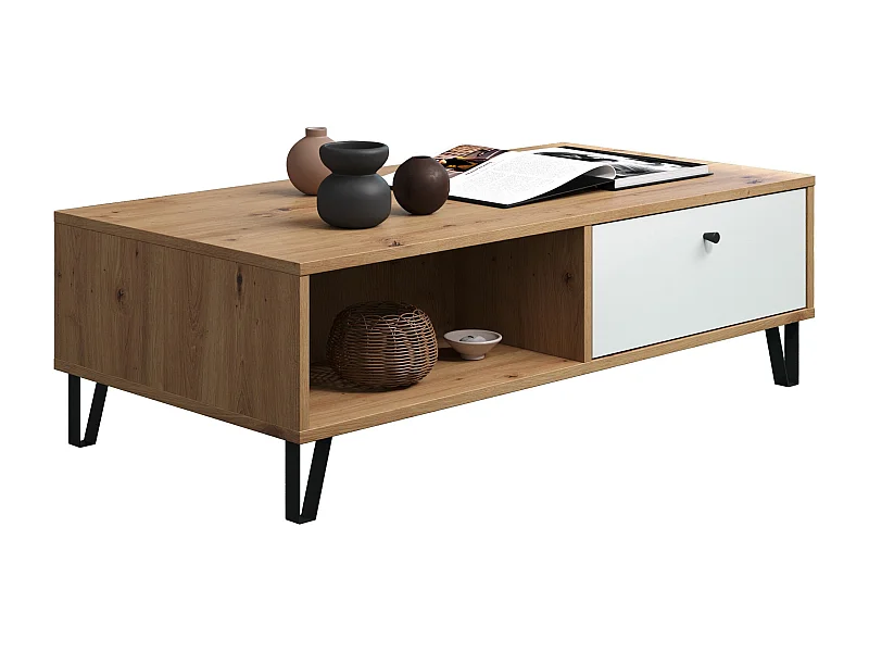 Table basse avec tiroirs chêne artisan et blanc mat Kidou 100cm