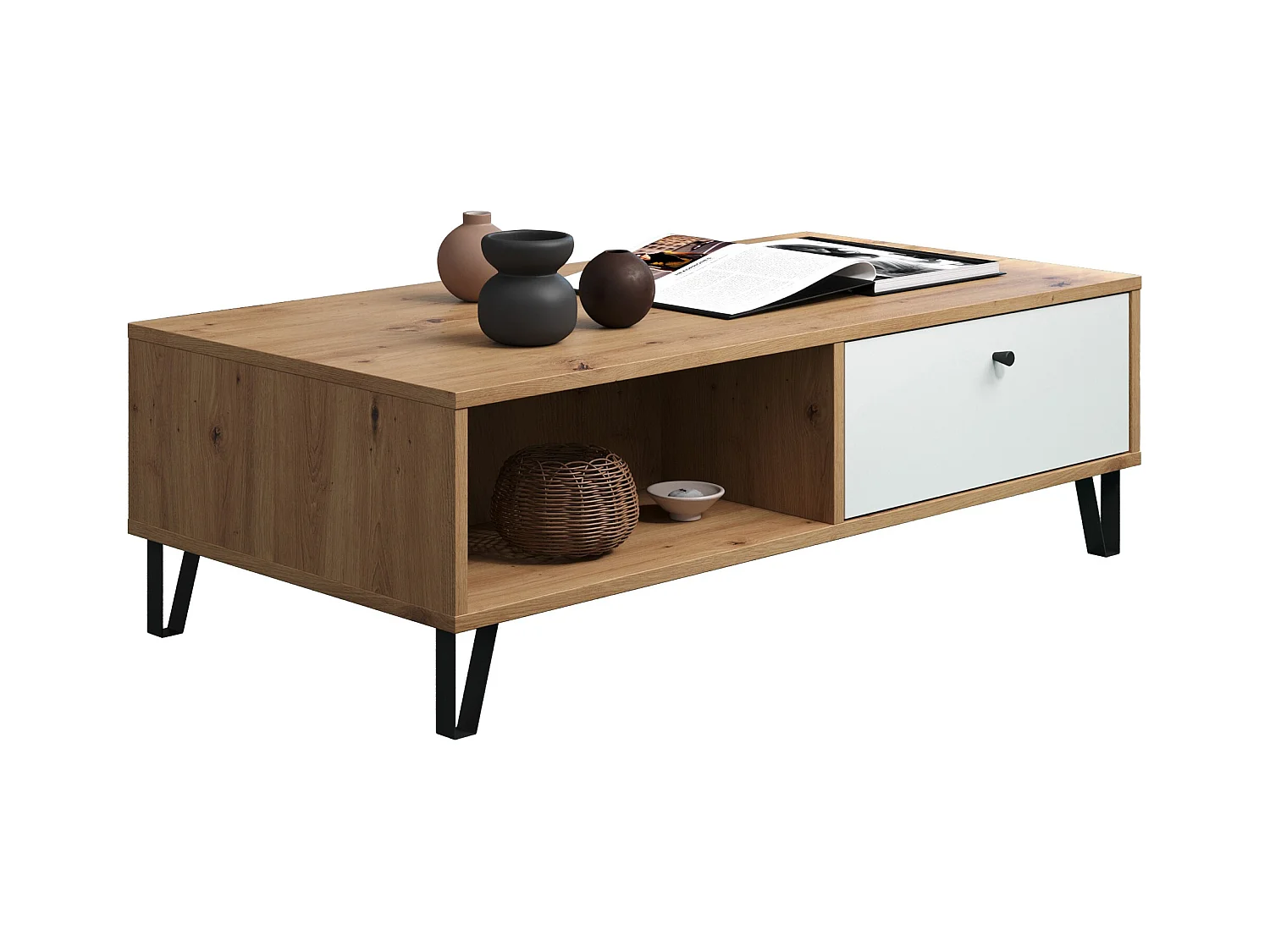 Table basse avec tiroirs chêne artisan et blanc mat Kidou 100cm
