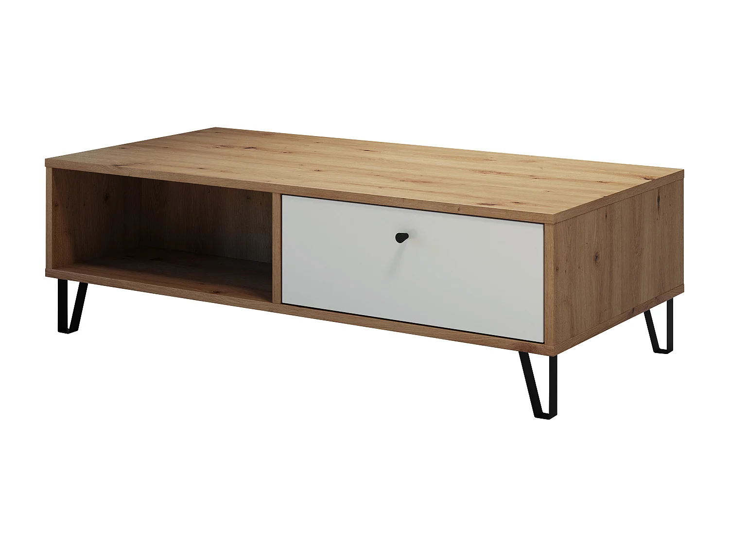 Table basse avec tiroirs chêne artisan et blanc mat Kidou 100cm