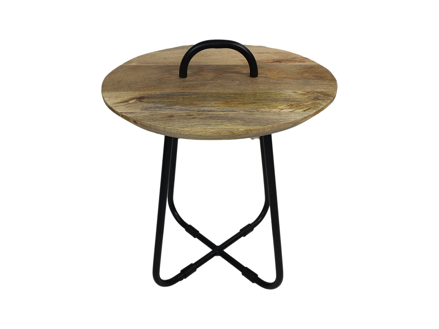 Table basse avec poignée - ø45x55 - Naturel-noir - Bois de manguier-métal