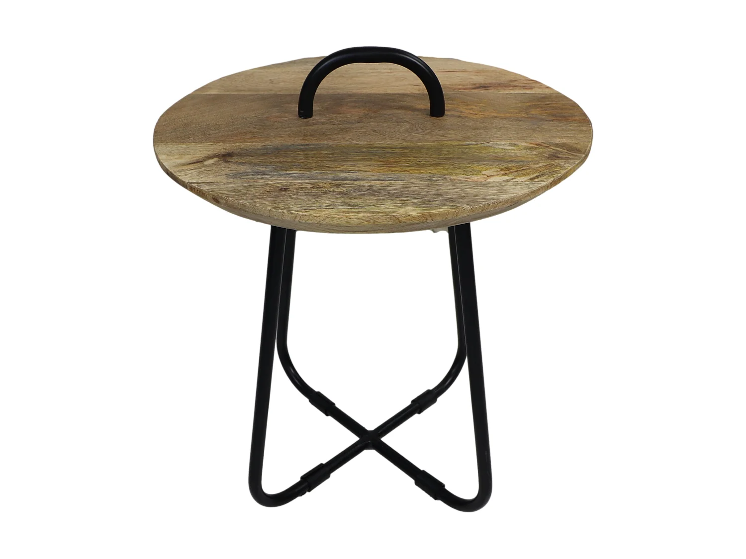 Table basse avec poignée - ø45x55 - Naturel-noir - Bois de manguier-métal