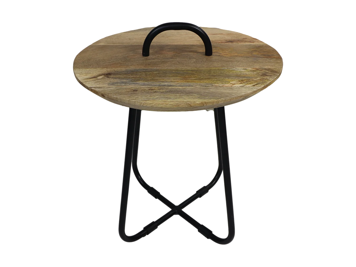 Table basse avec poignée - ø45x55 - Naturel-noir - Bois de manguier-métal