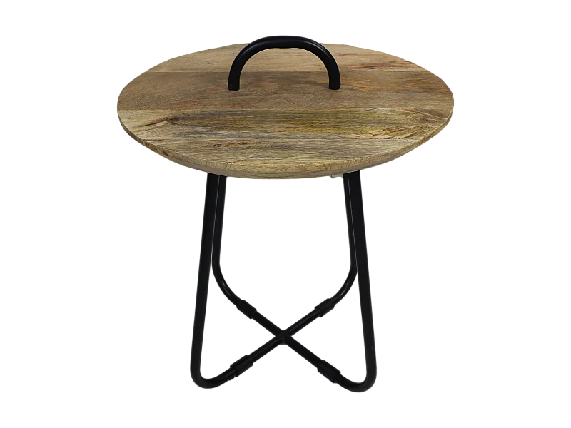Table basse avec poignée - ø45x55 - Naturel-noir - Bois de manguier-métal