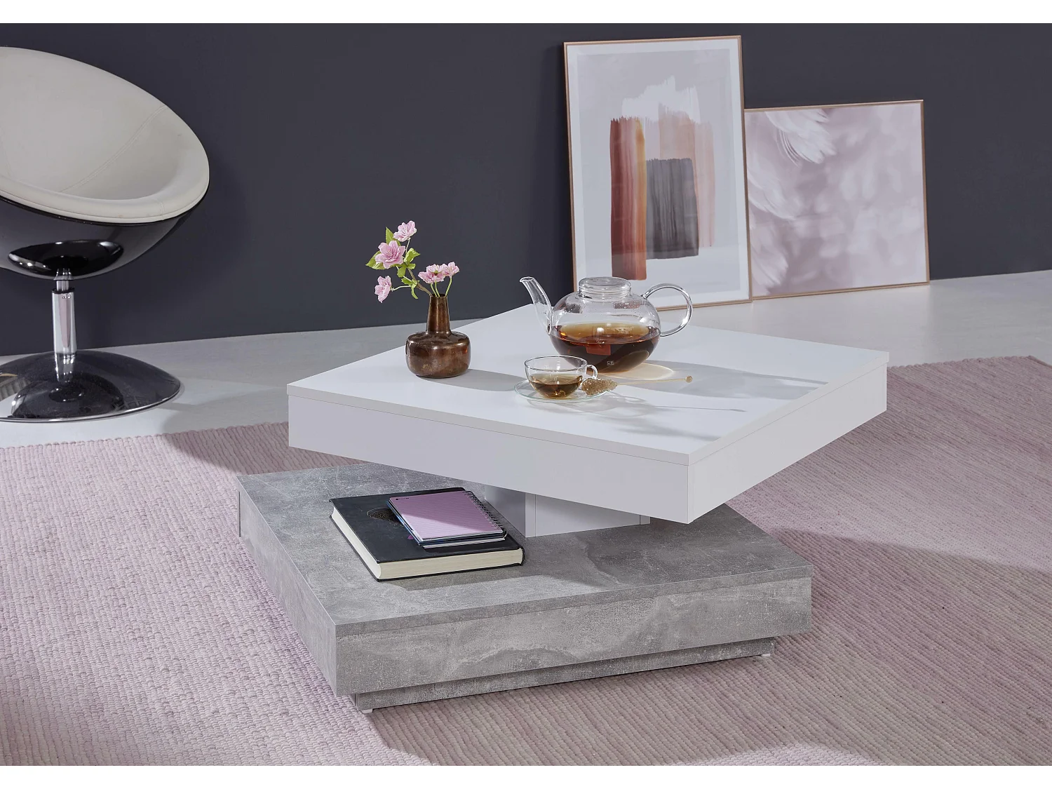 Meuble Salon-Séjour. Table basse en mélaminé blanc et gris . L-H-P: 70 - 35 - 70 cm