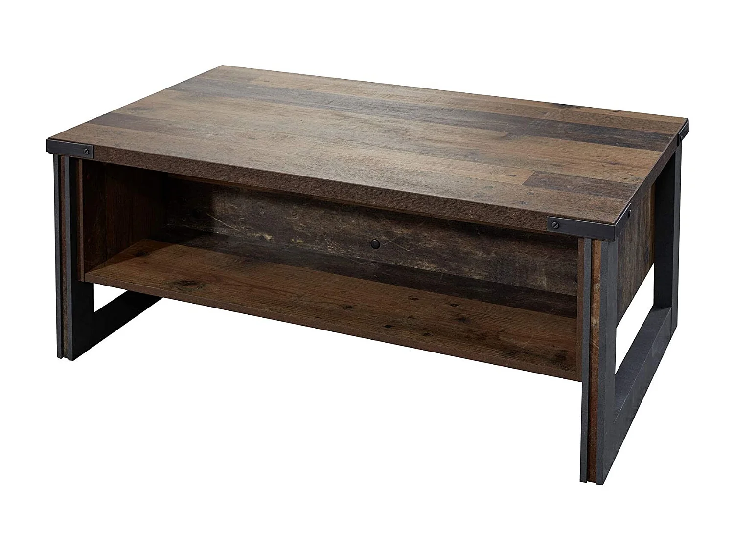 Table basse vintage vieux bois usé et métal gris avec rivets 140cm
