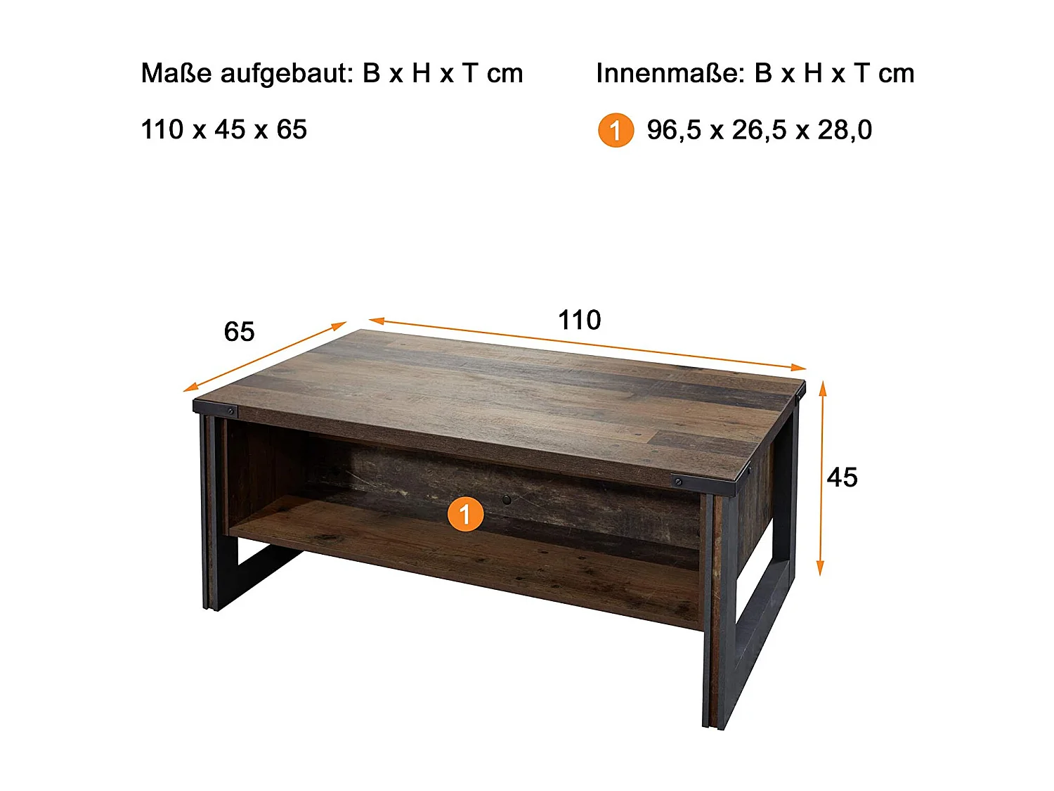 Table basse vintage vieux bois usé et métal gris avec rivets 140cm