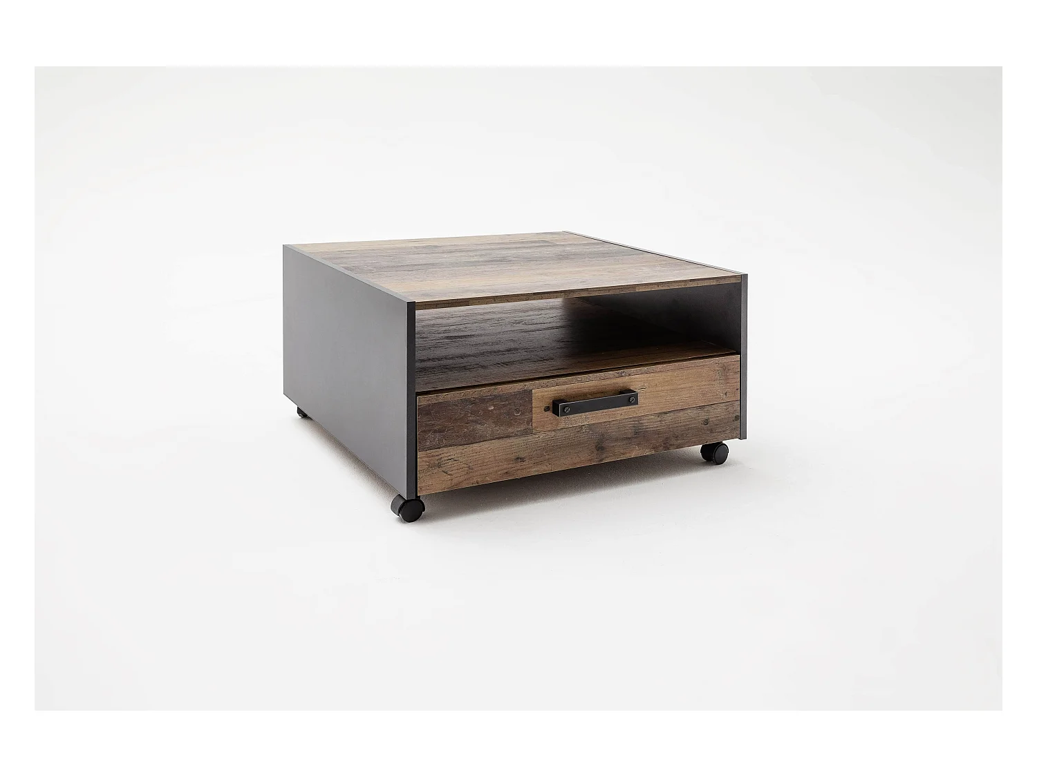 Meuble Salon/Séjour - Table basse en mélaminé gris et bois effet vieilli. L-H-P: 70-40-70cm