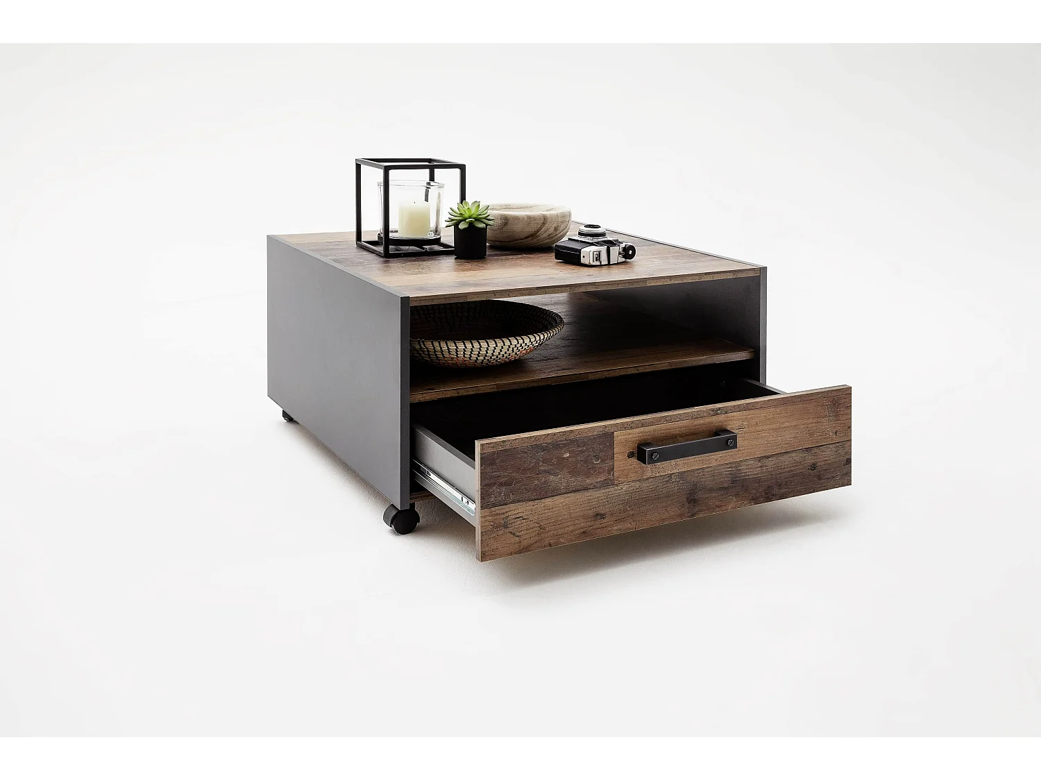 UNIVERSAL - Meuble Salon/Séjour - Table basse en mélaminé gris et bois effet vieilli. L-H-P : 70 -  40 - 70cm