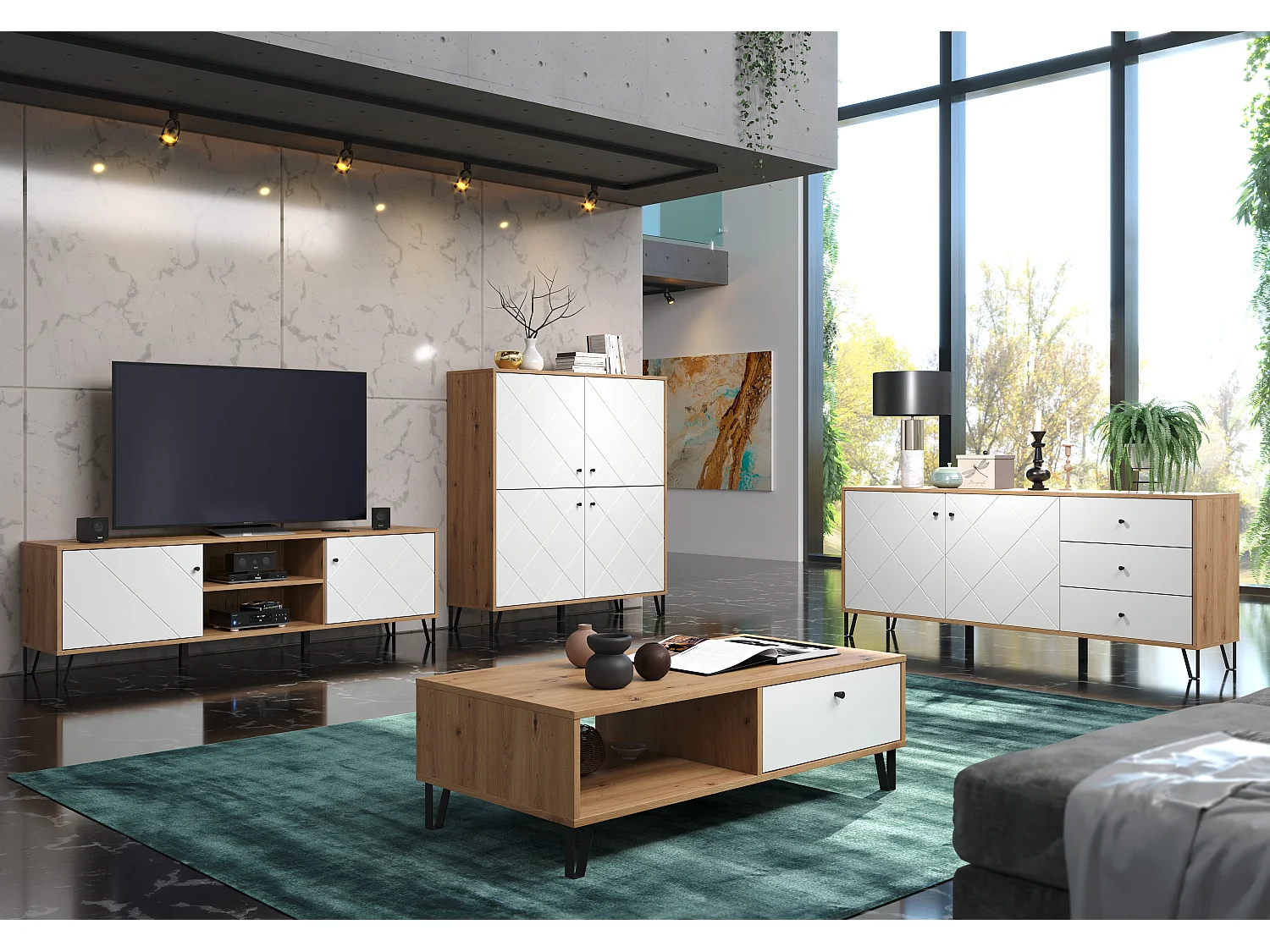 Meuble TV 2 portes et 2 niches blanc mat L183 cm - Touch