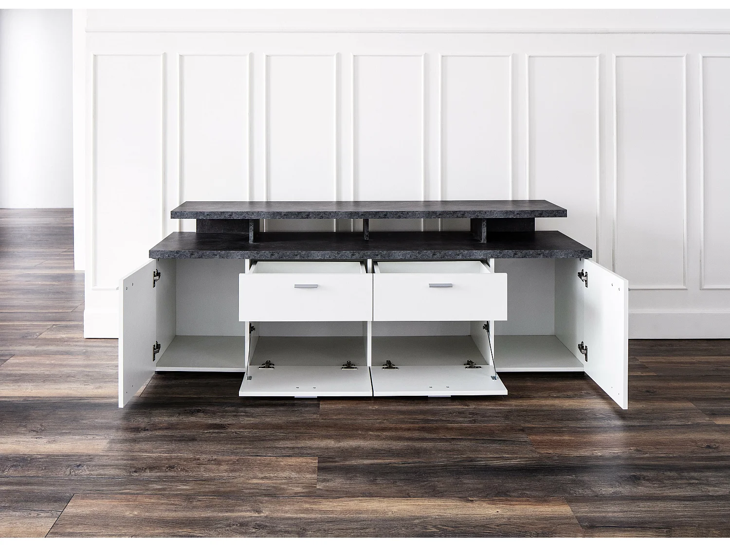 Meuble salon/séjour. Meuble TV (max 65") en mélaminé blanc et gris mat. L-H-P: 180-66-47 cm